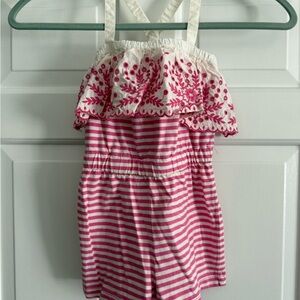 Toddler Girls Pink and White Striped Romper with Floral Embroidery